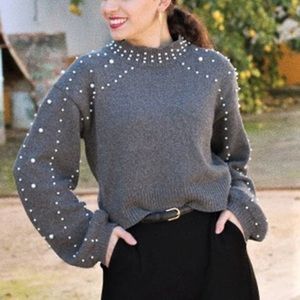Bishop Sleeve Pearl Beading Crop Sweater